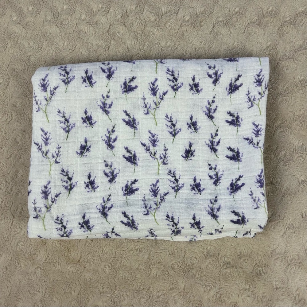 Modern Baby Purple Floral Flower Swaddle Blanket Green White Muslin Cotton Lovey